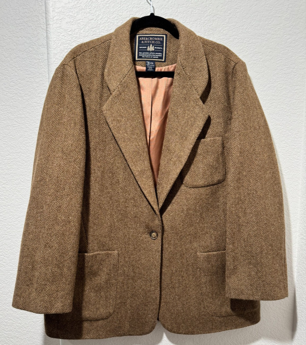 Vtg Abercrombie & Fitch Mens L Brown Herringbone Wool Blazer Jacket One Button